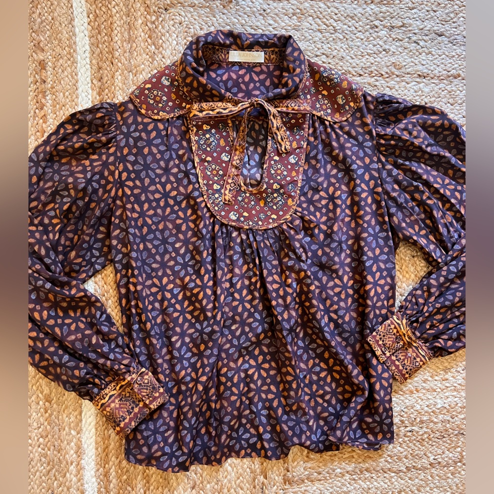 Ulla johnson aninda blouse agate tie neck long sleeve 100% silk size 10 m/l nwot